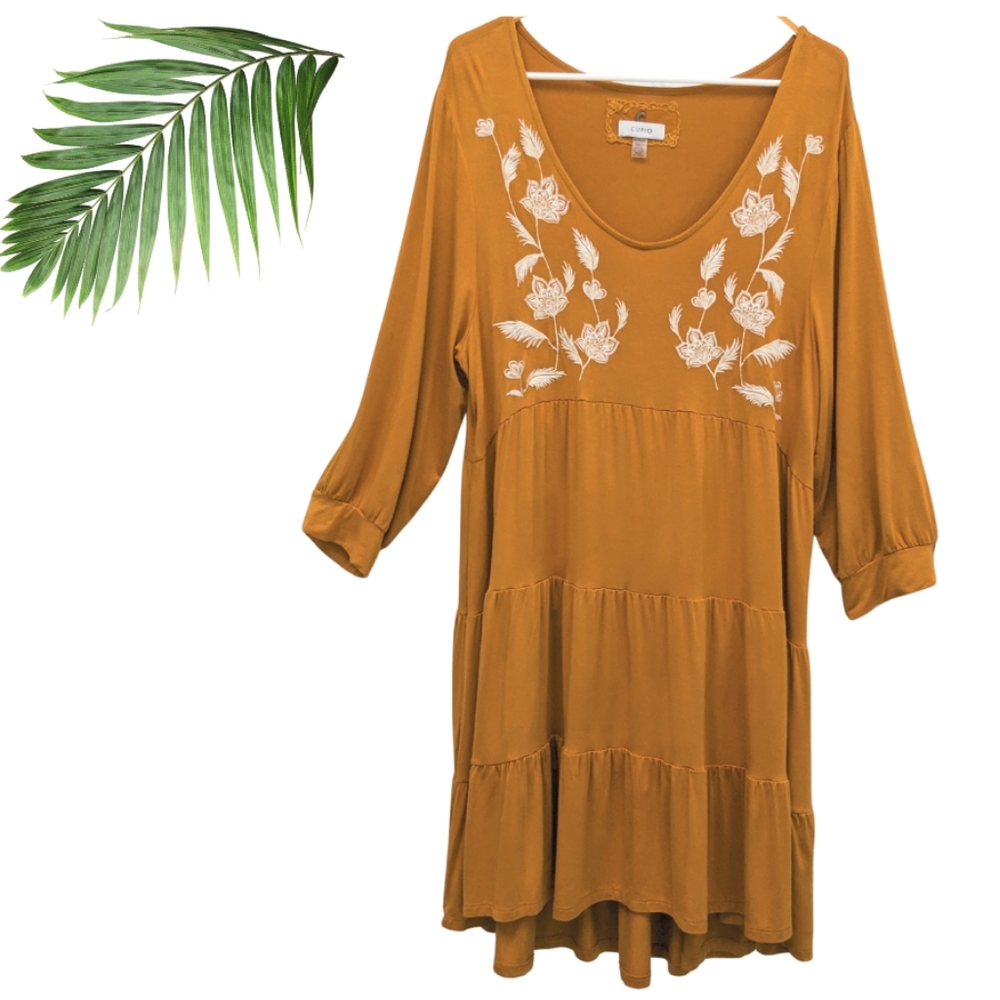 Cupio Embroidered flowy Dress Tiered boho Size XL sienna stretchy copper hi low